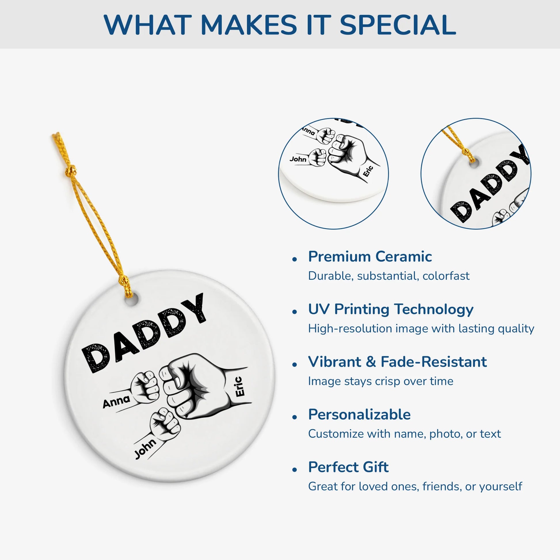 Ceramic Ornament material and size view - Personalized Dad Fist Bump Ornament