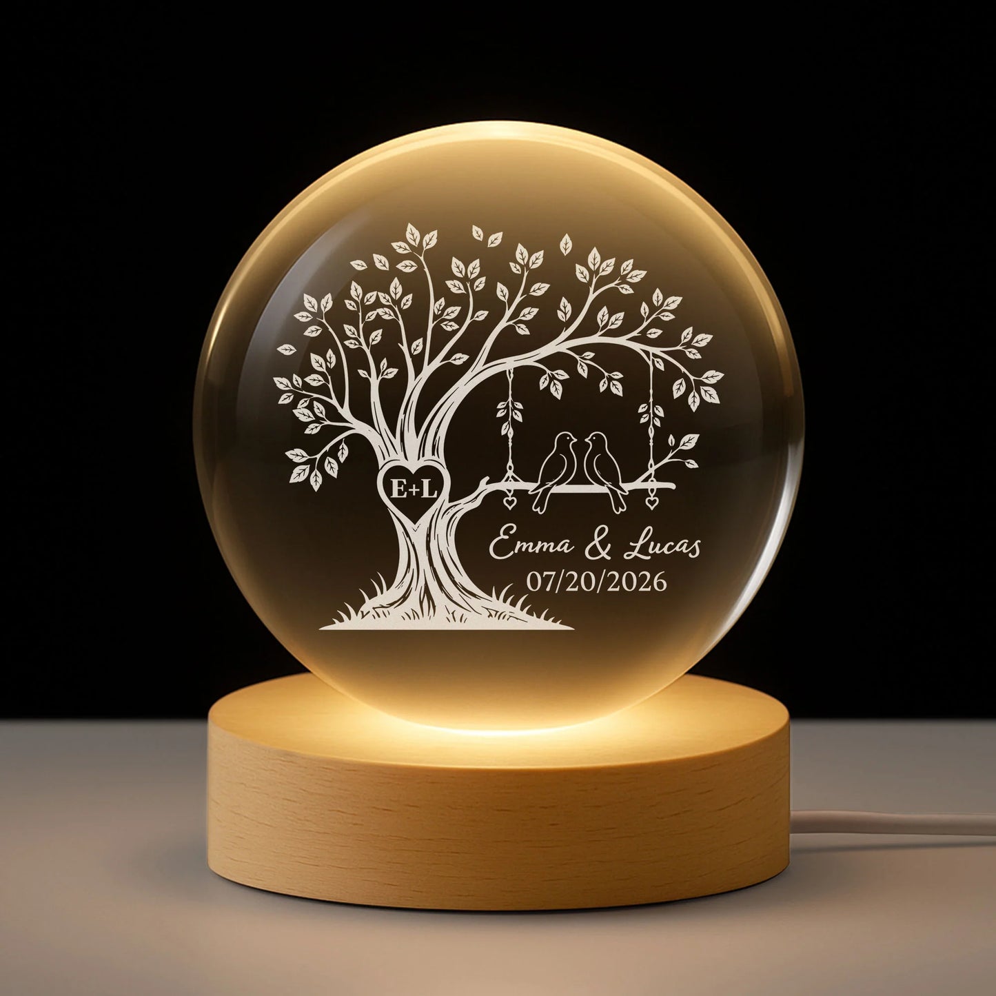 Love Birds on Heart Tree Custom Crystal Ball Lamp - Personalized Couple Anniversary Gift