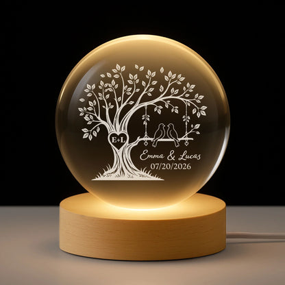 Love Birds on Heart Tree Custom Crystal Ball Lamp - Personalized Couple Anniversary Gift