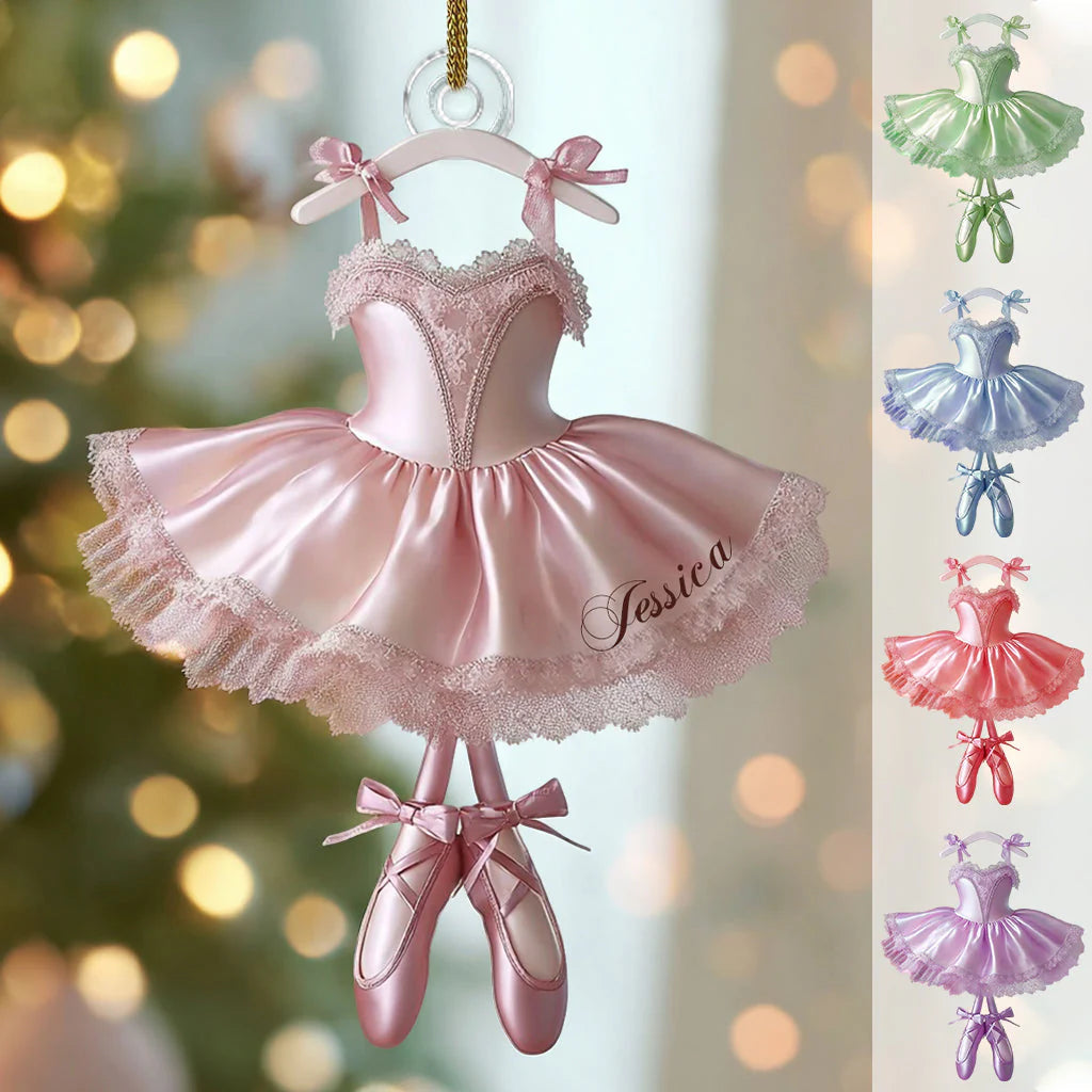 Personalized ballet ornament shaped like a pink ballerina tutu dress and pointe shoes with custom name