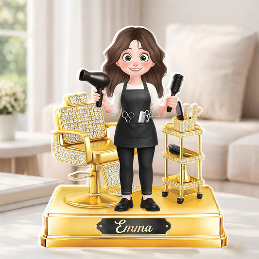 Personalized barber acrylic plaque with custom name Emma and glittery styling chair for salon gifts