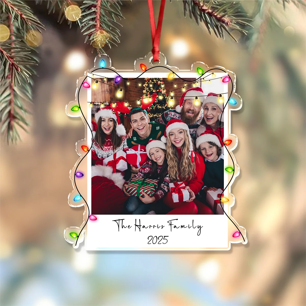 Custom Family Photo Christmas Light Acrylic Ornament - Personalized Holiday Keepsake Gift