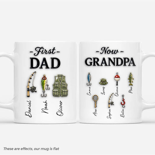 Personalized fishing mug for grandpa featuring custom names with 3D effect lure graphics