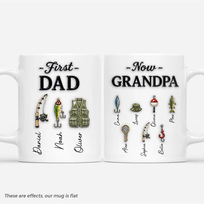 Personalized fishing mug for grandpa featuring custom names with 3D effect lure graphics