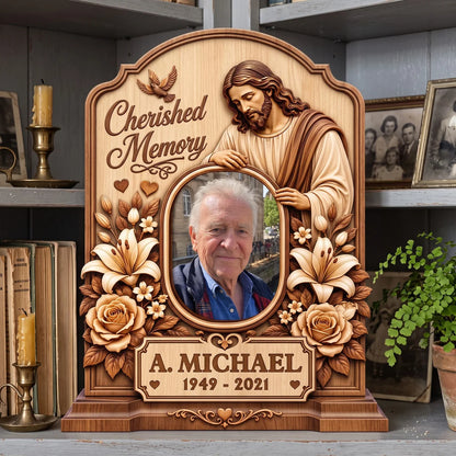 Cherished Memory Personalized Jesus Memorial Wooden Block - Custom Photo Remembrance Tribute Gift for Family