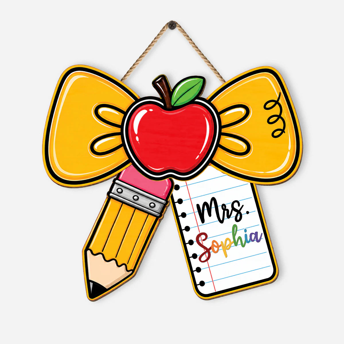 Custom teacher wood sign with a yellow bow, red apple, pencil, and personalized notebook name tag
