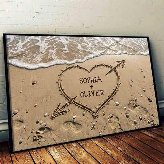 Custom Couple Names Heart in Sand Canvas / Poster - Personalized Anniversary Beach Wall Art for Husband & Wife