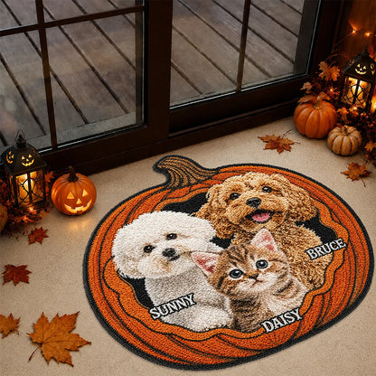 Personalized Dog Cat Halloween Pumpkin Shaped Doormat - Custom Pet Name Accent Mat