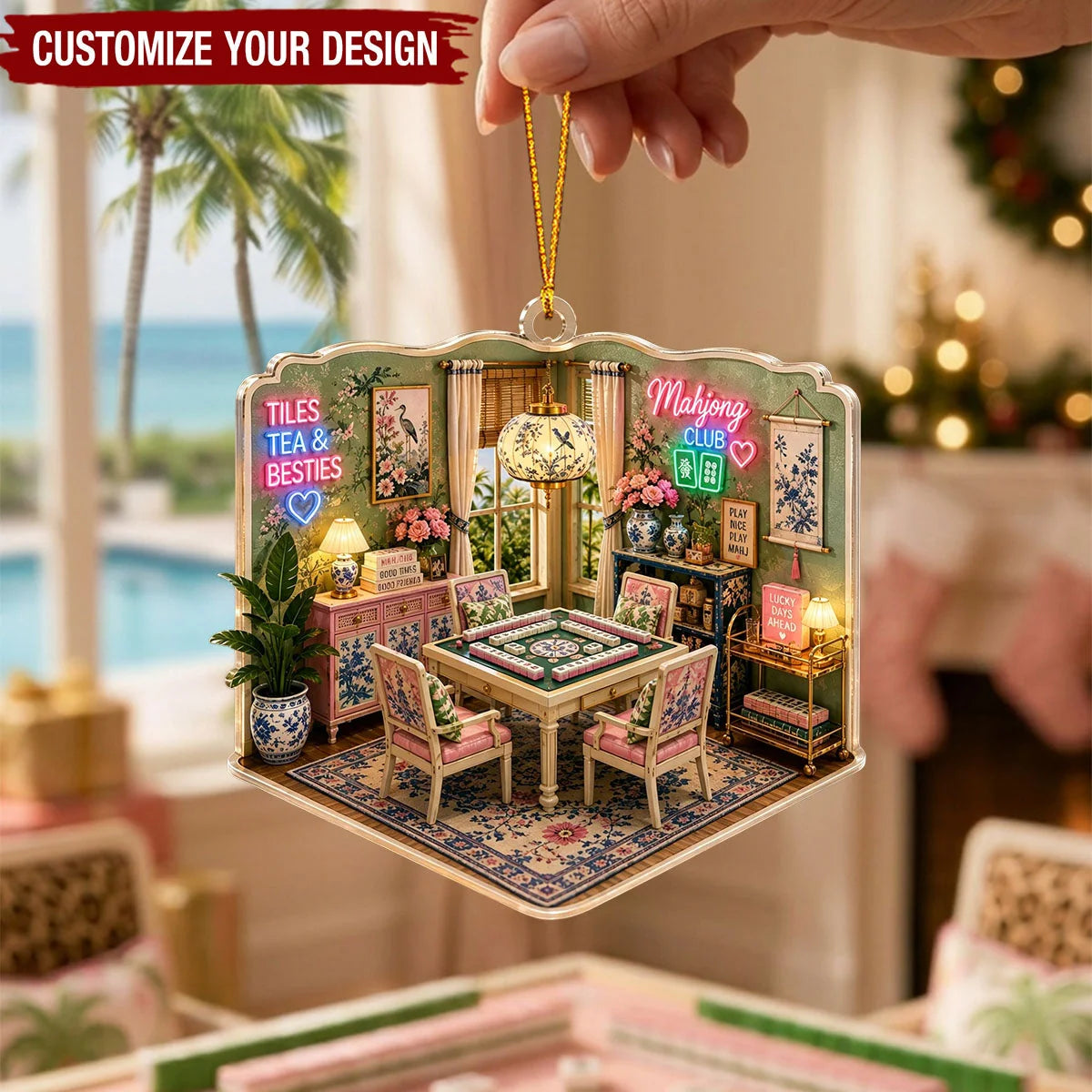 Palm Beach Mahjong Club Personalized Wood Ornament - Holiday Keepsake for Best Friends