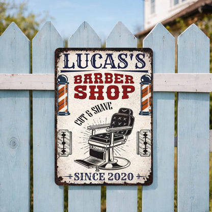Custom Barber Shop Cut & Shave Metal Sign - Personalized Barber Chair Wall Decor for Men