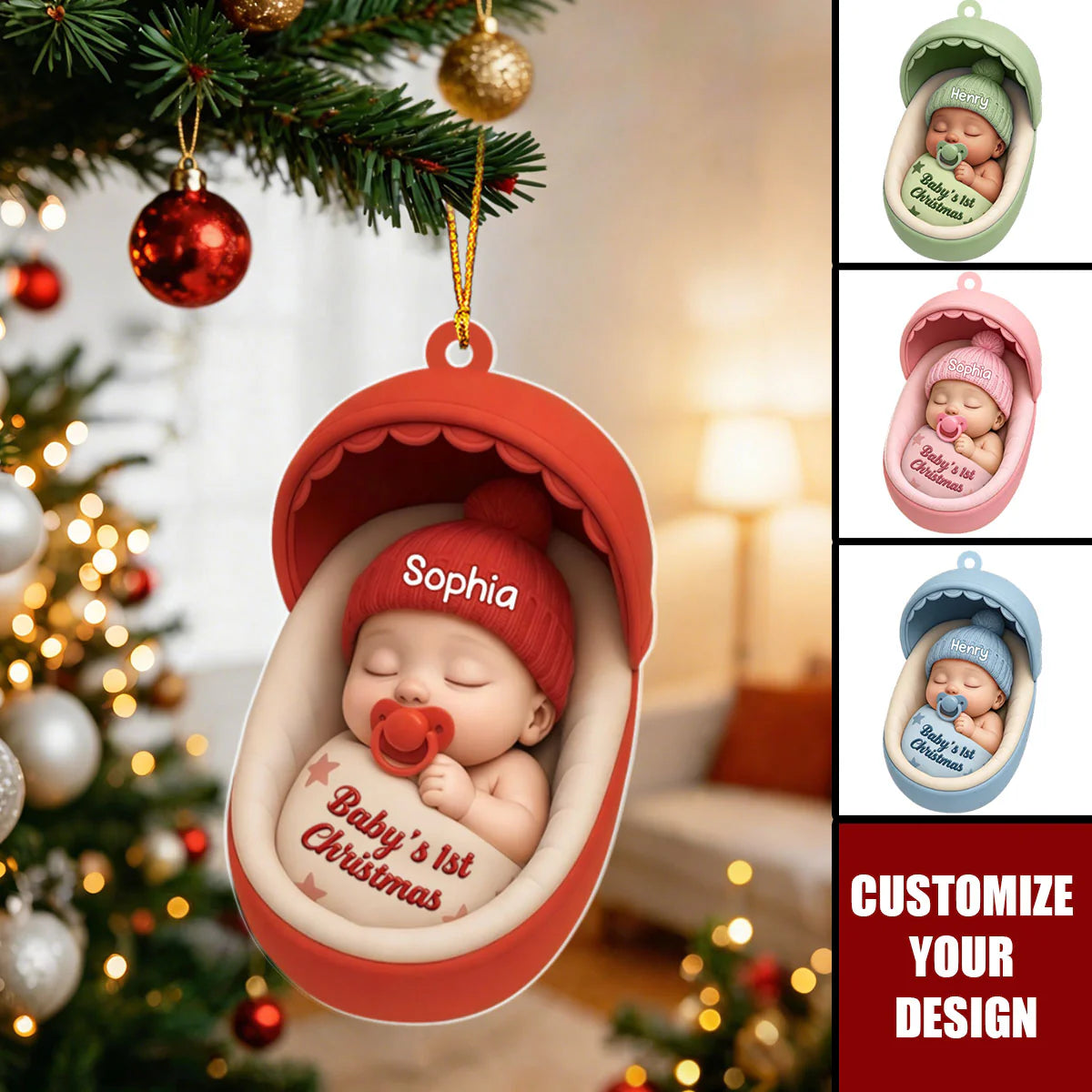 Custom baby's first christmas ornament with personalized name and sleeping newborn design in a cradle
