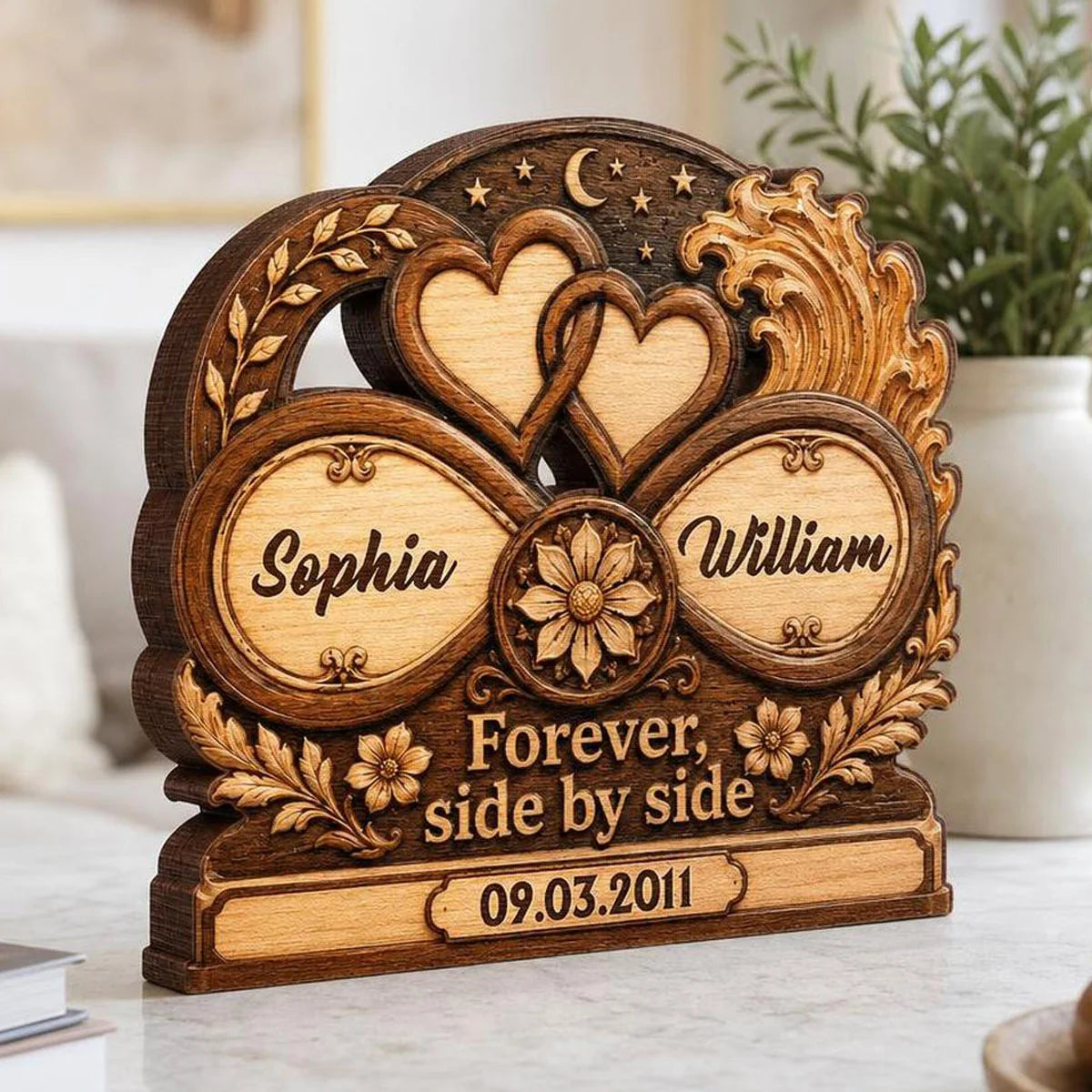Forever Side By Side Personalized Couple Wooden Block - Custom Anniversary Gift for Wife, Husband