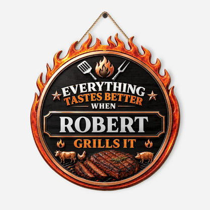 Everything Tastes Better Personalized BBQ Grill Wood Sign - Custom Backyard BBQ Sign Gift for Him