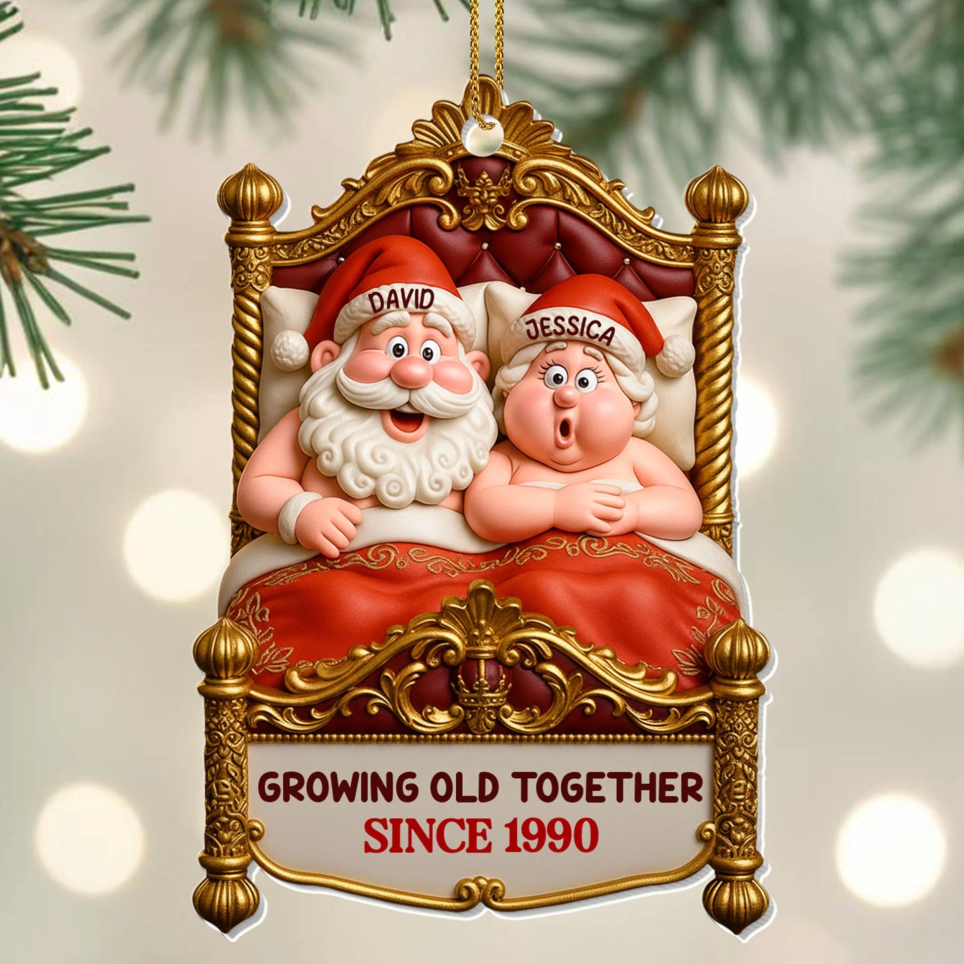 Custom couple christmas ornament featuring personalized Santa and Mrs. Claus in bed with Growing Old Together quote image 6