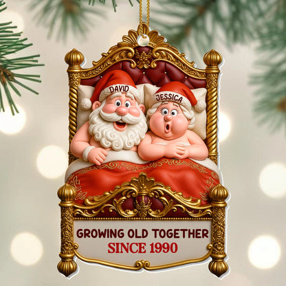 Custom couple christmas ornament featuring personalized Santa and Mrs. Claus in bed with Growing Old Together quote image 6