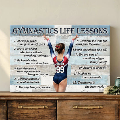 Personalized gymnast girl canvas poster featuring gymnastics life lessons for daughter or granddaughter