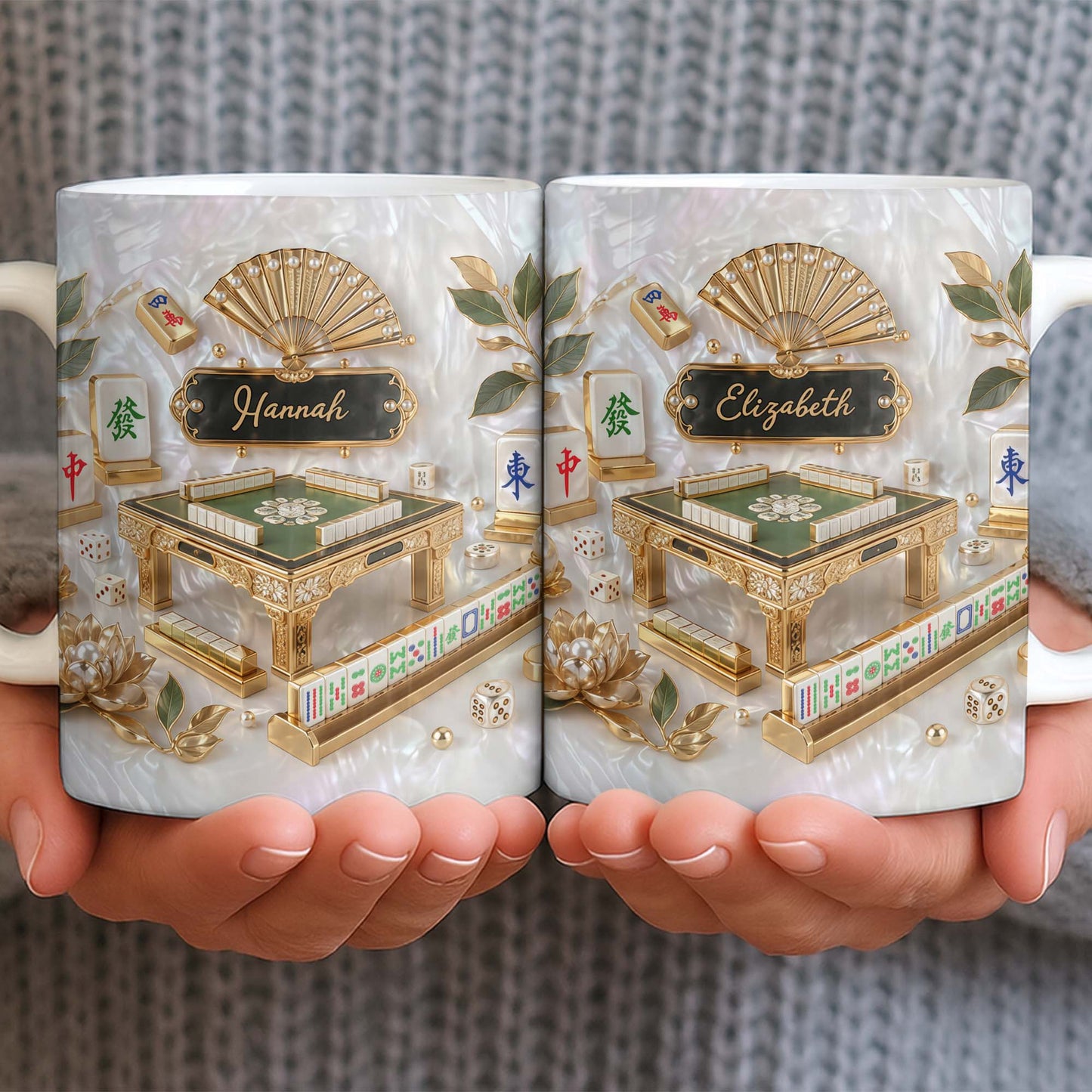 Personalized mahjong coffee mug with faux 3D mother of pearl tiles and a customizable gold name plaque. image 6