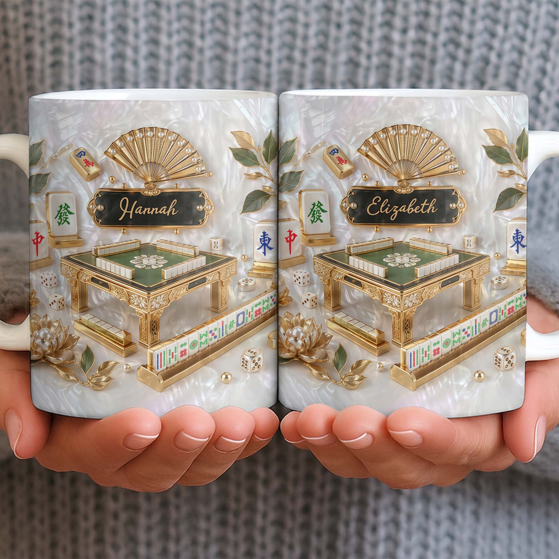 Personalized mahjong coffee mug with faux 3D mother of pearl tiles and a customizable gold name plaque. image 6