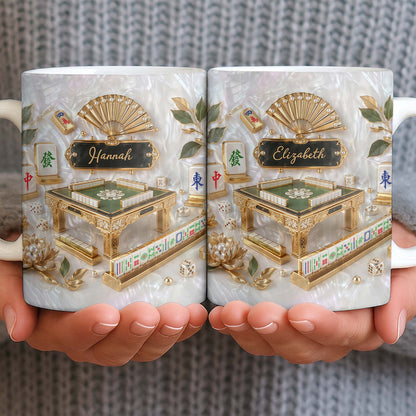 Personalized mahjong coffee mug with faux 3D mother of pearl tiles and a customizable gold name plaque. image 6