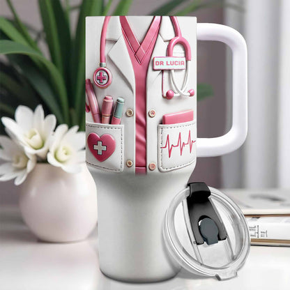 Personalized nurse 40oz tumbler featuring a custom pink medical scrubs design with stethoscope and heartbeat line. image 8