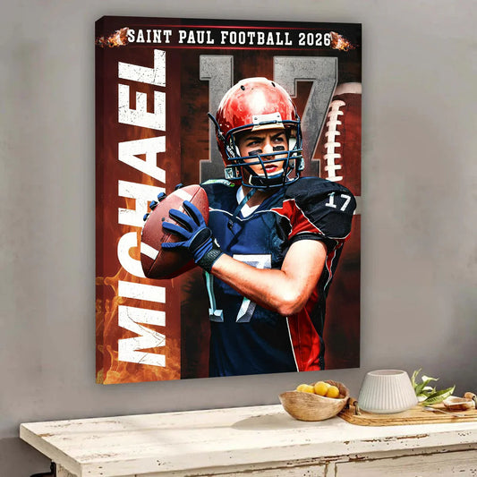 Personalized football senior night canvas with custom player portrait name and jersey number
