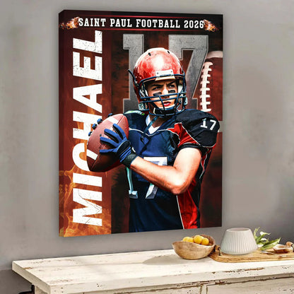 Personalized football senior night canvas with custom player portrait name and jersey number