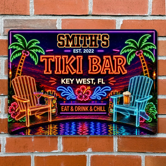 Personalized tiki bar metal sign with neon palm trees and beach chairs for outdoor patio decor