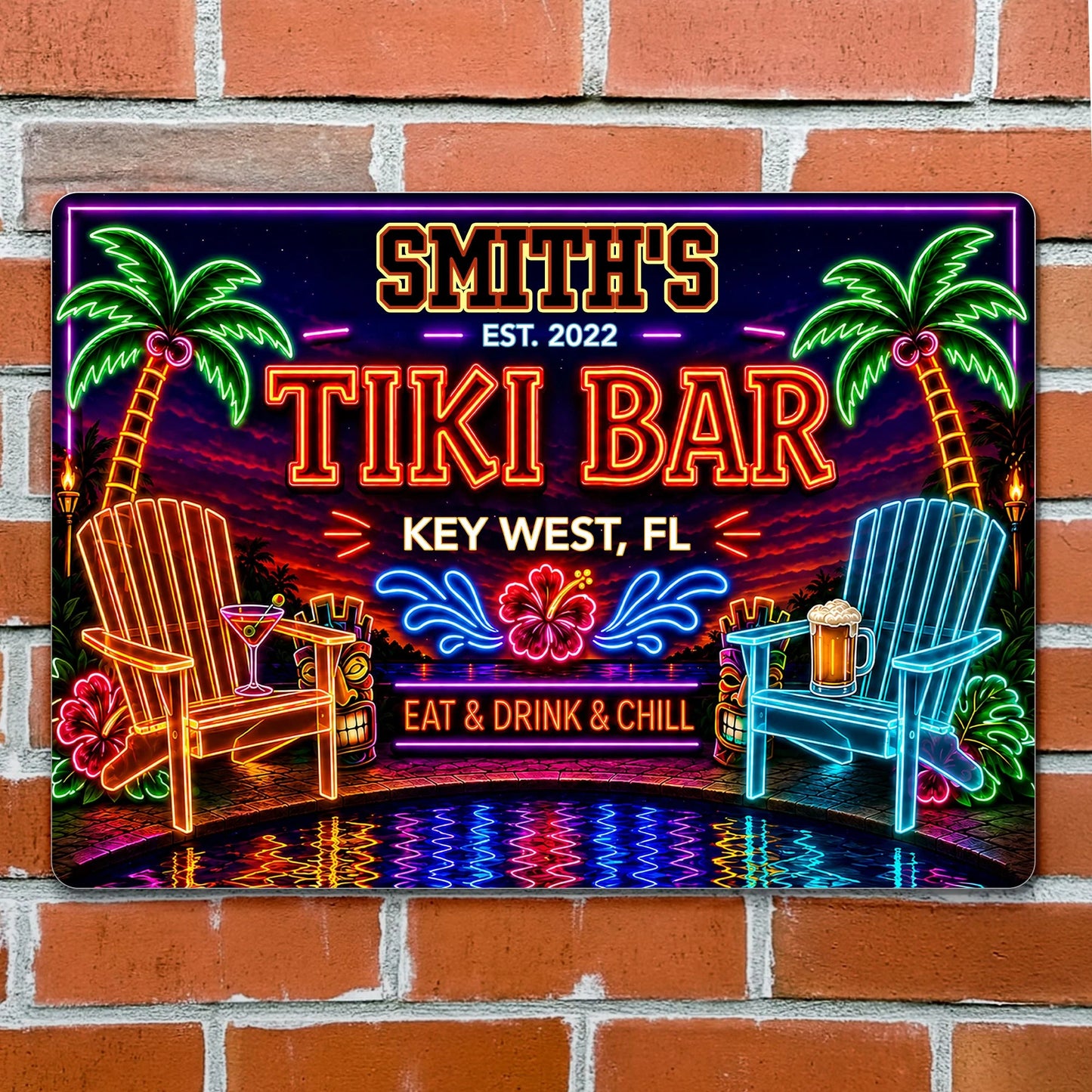 Personalized tiki bar metal sign with neon palm trees and beach chairs for outdoor patio decor