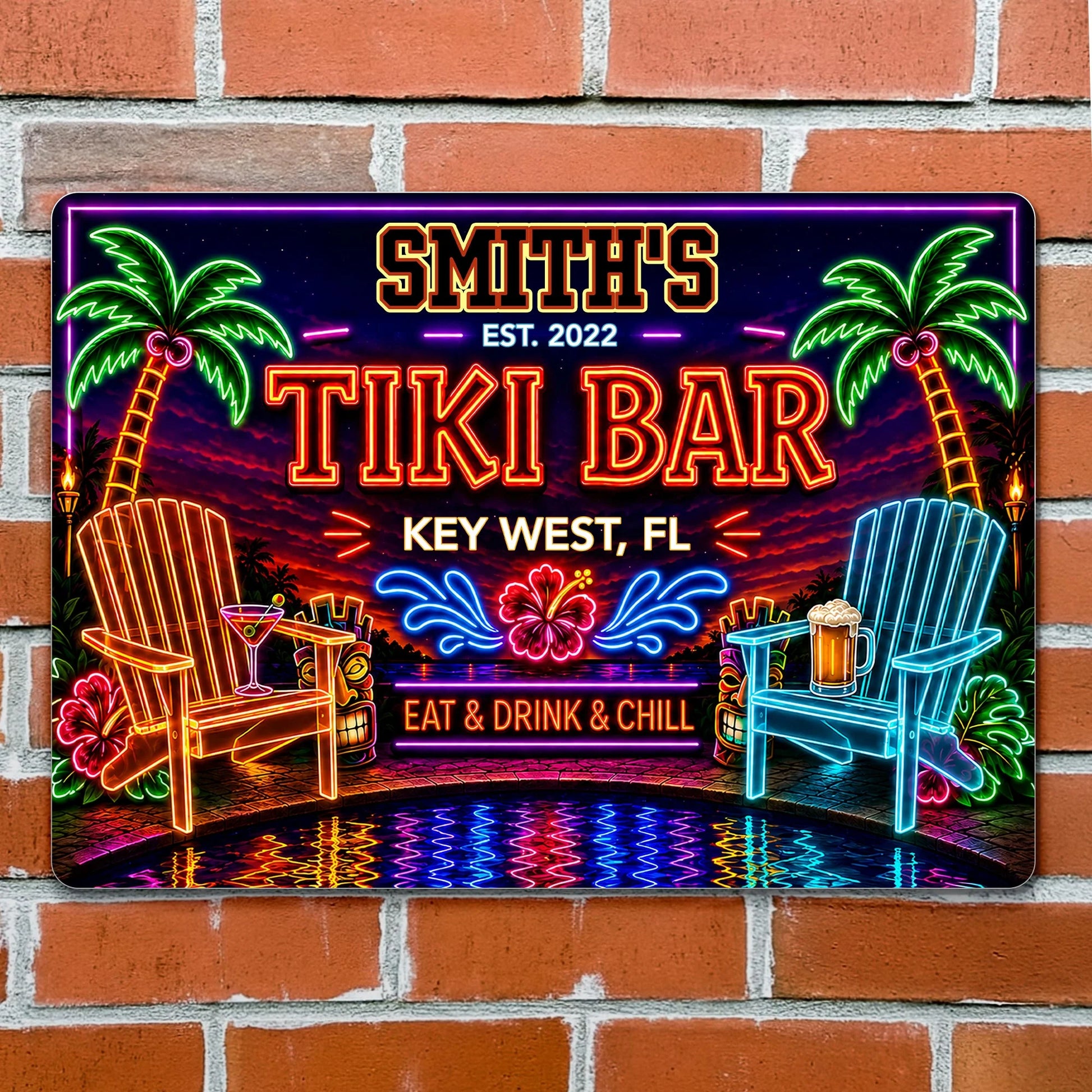 Personalized tiki bar metal sign with neon palm trees and beach chairs for outdoor patio decor