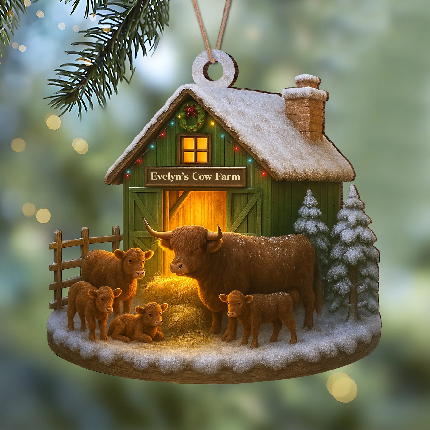 Custom Name Highland Cow Farm Wood Ornament - Personalized Farmhouse Christmas Tree Decoration and Holiday Keepsake Gift