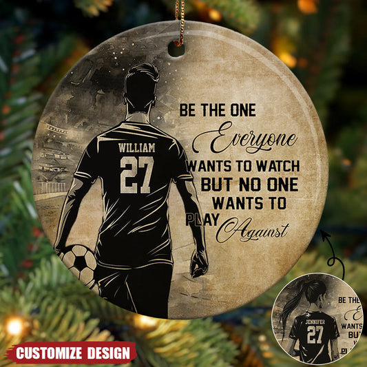 Personalized soccer ornament featuring custom name and number jersey with motivational quote for player gifts