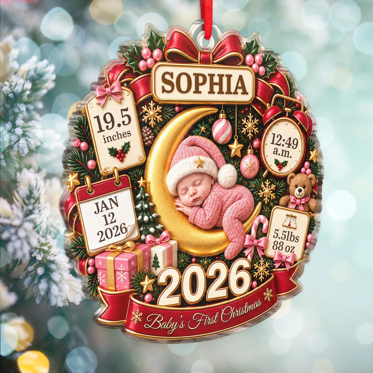 "Baby's First Christmas" Newborn Birth Stats Personalized Acrylic Ornament - Custom Gift for New Parents
