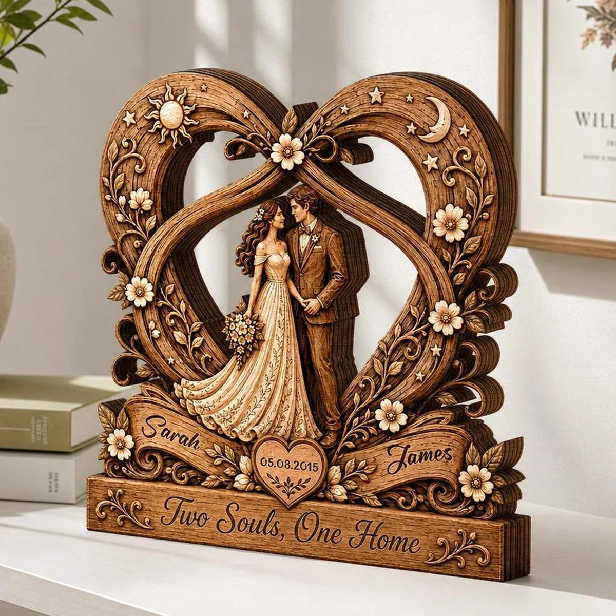 "Two Souls One Home" Personalized Couples Wooden Block - Custom Heart Anniversary Keepsake Gift for Wife Husband