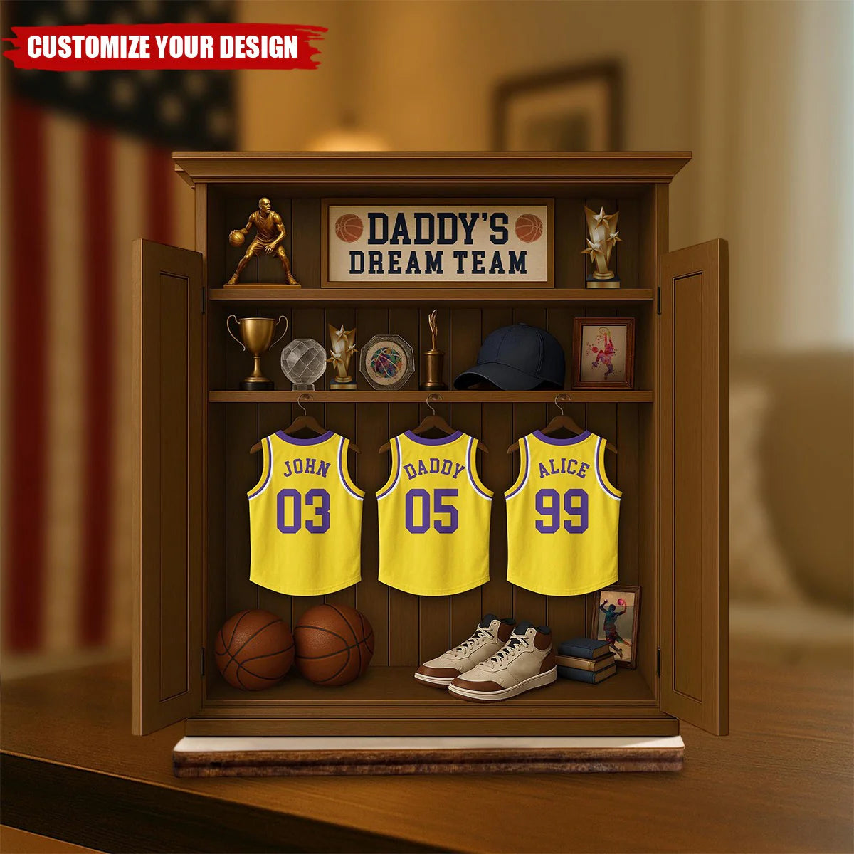Personalized sports dad wooden plaque featuring basketball jersey design for Father's Day gift