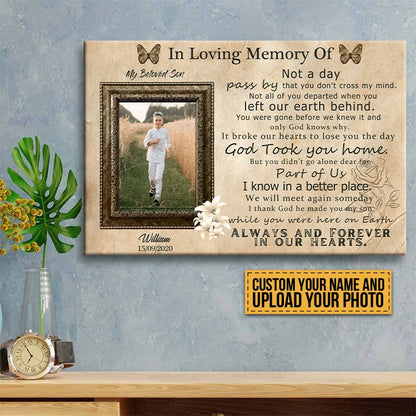 "Always & Forever in Our Hearts" Personalized Memorial Canvas / Poster for Son - Custom Photo Loss of Son Keepsake Wall Art