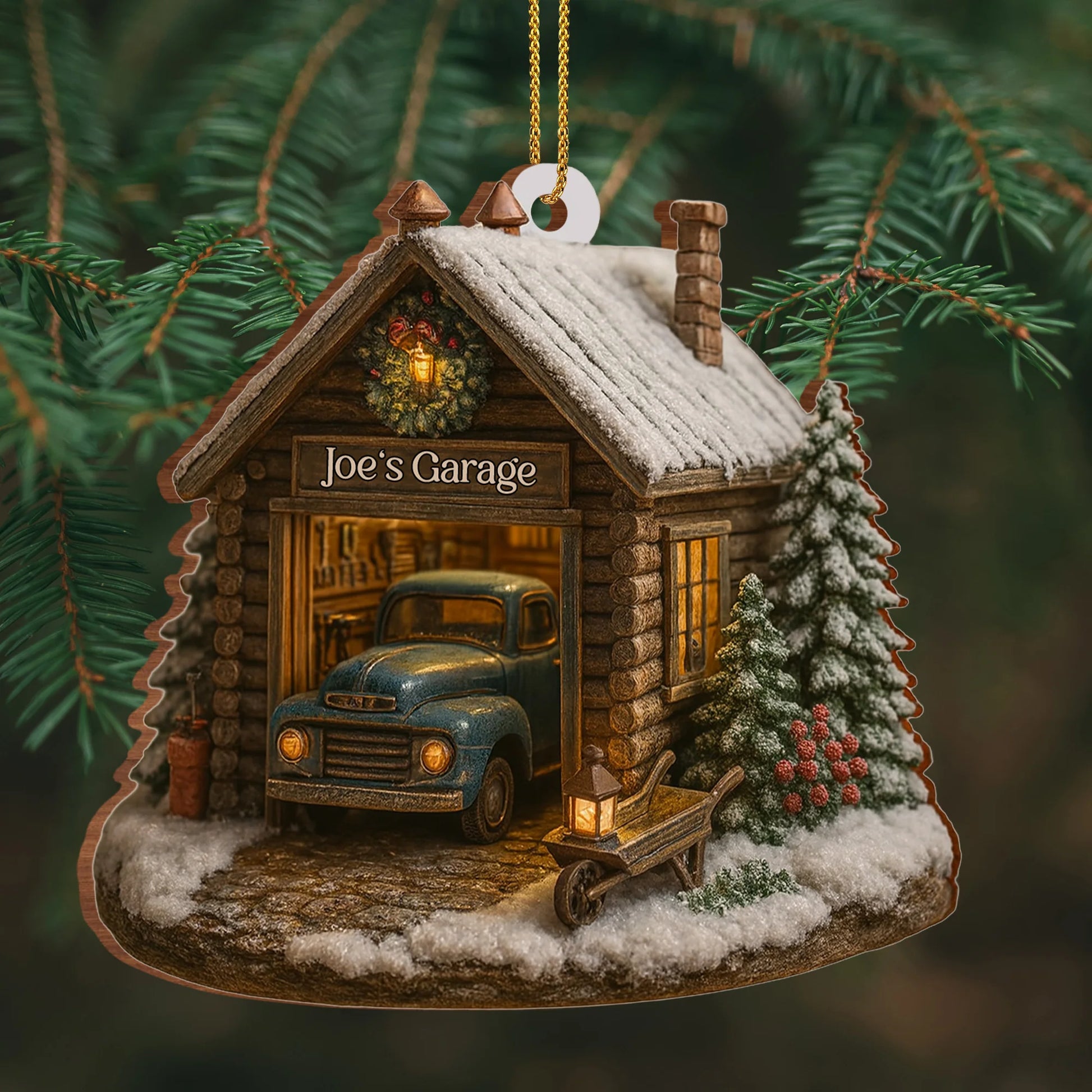 Welcome To Joe's Garage With Vintage Truck And Christmas Trees