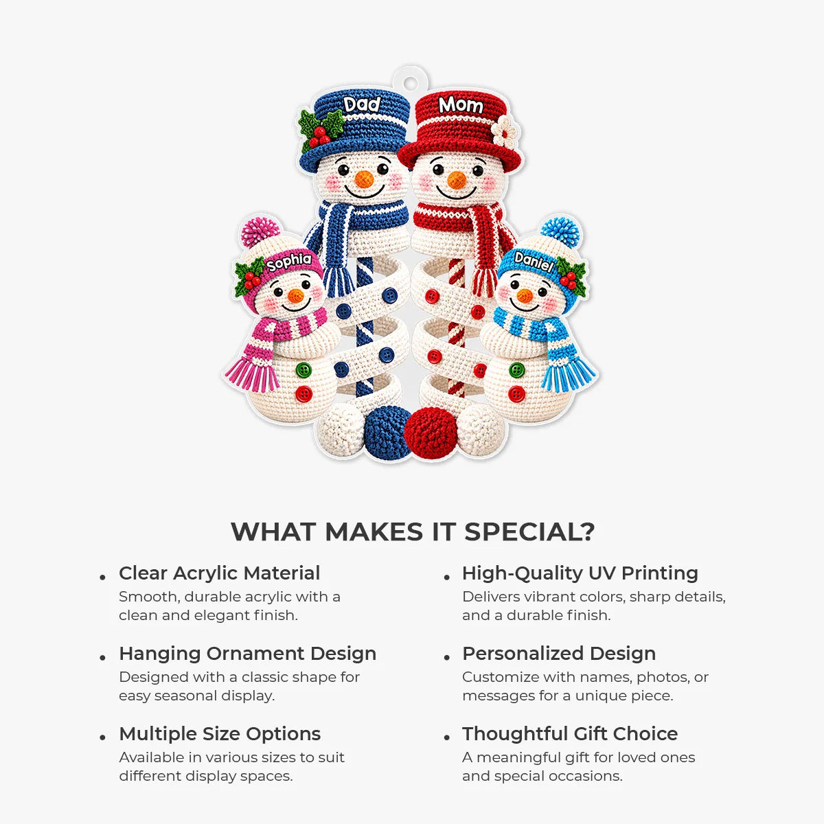 Snowman Family Knit Pattern Personalized Acrylic Ornament - Christmas Gift for Mom and Dad