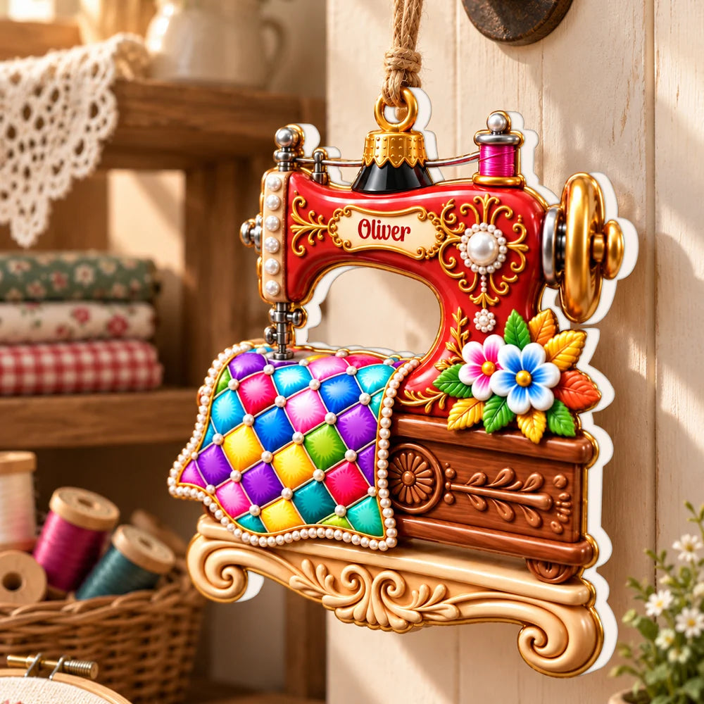 Personalized Floral Sewing Machine Acrylic Ornament - Custom Gift for Quilters and Crafters