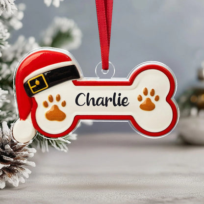 Custom Dog Bone Santa Hat Acrylic Ornament - Personalized Christmas Keepsake for Dog Lovers