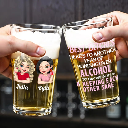 Best Bitches Bonding Over Alcohol Personalized Custom Beer Glass - Funny BFF Birthday Keepsake Gift for Best Friends