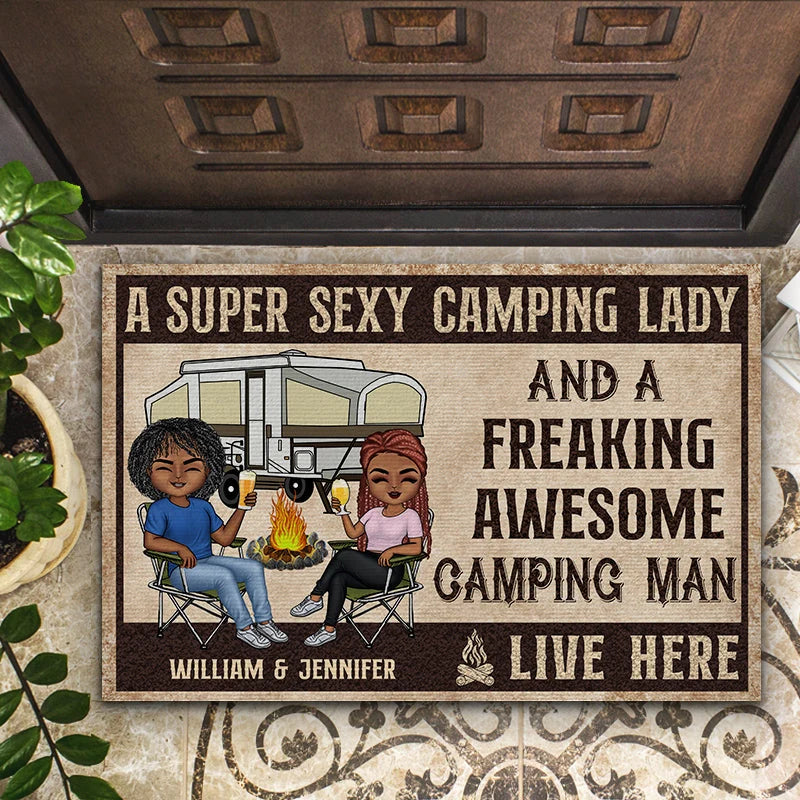 Super Sexy Camping Lady Freaking Awesome Camping Man - Personalized Camping Doormat