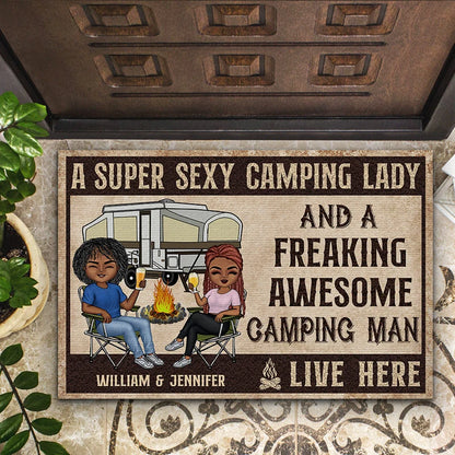 Super Sexy Camping Lady Freaking Awesome Camping Man - Personalized Camping Doormat