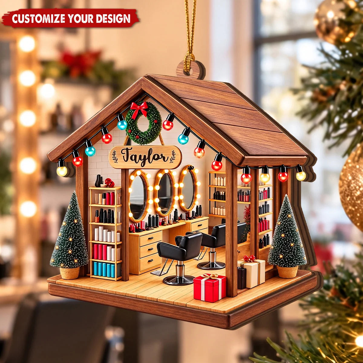Hair Salon Mini Studio Personalized Wooden Ornament - Custom Stylist Christmas Tree Decor for Hairdresser