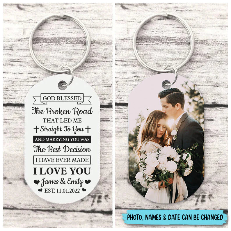 Custom God Blessed The Broken Road Keychain personalization view for Couples