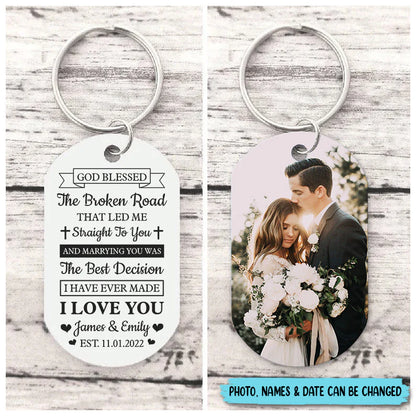 Custom God Blessed The Broken Road Keychain personalization view for Couples