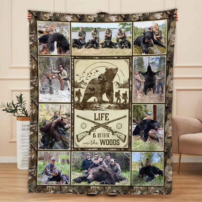Personalized bear hunting blanket with photo collage print and Life Is Better In The Woods quote for dad