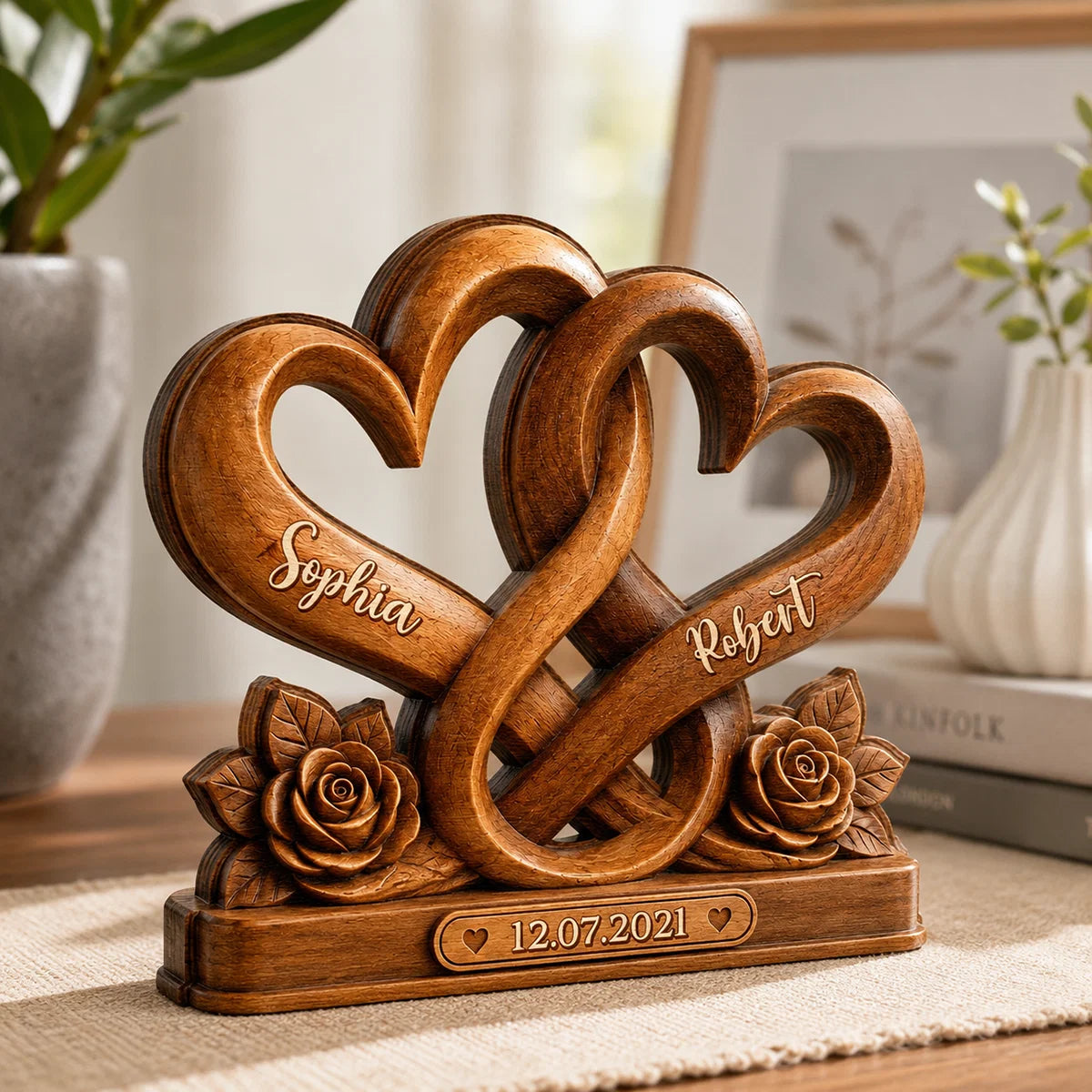 Forever Entwined Hearts Personalized Wooden Block - Custom Couples Romantic Anniversary Gift