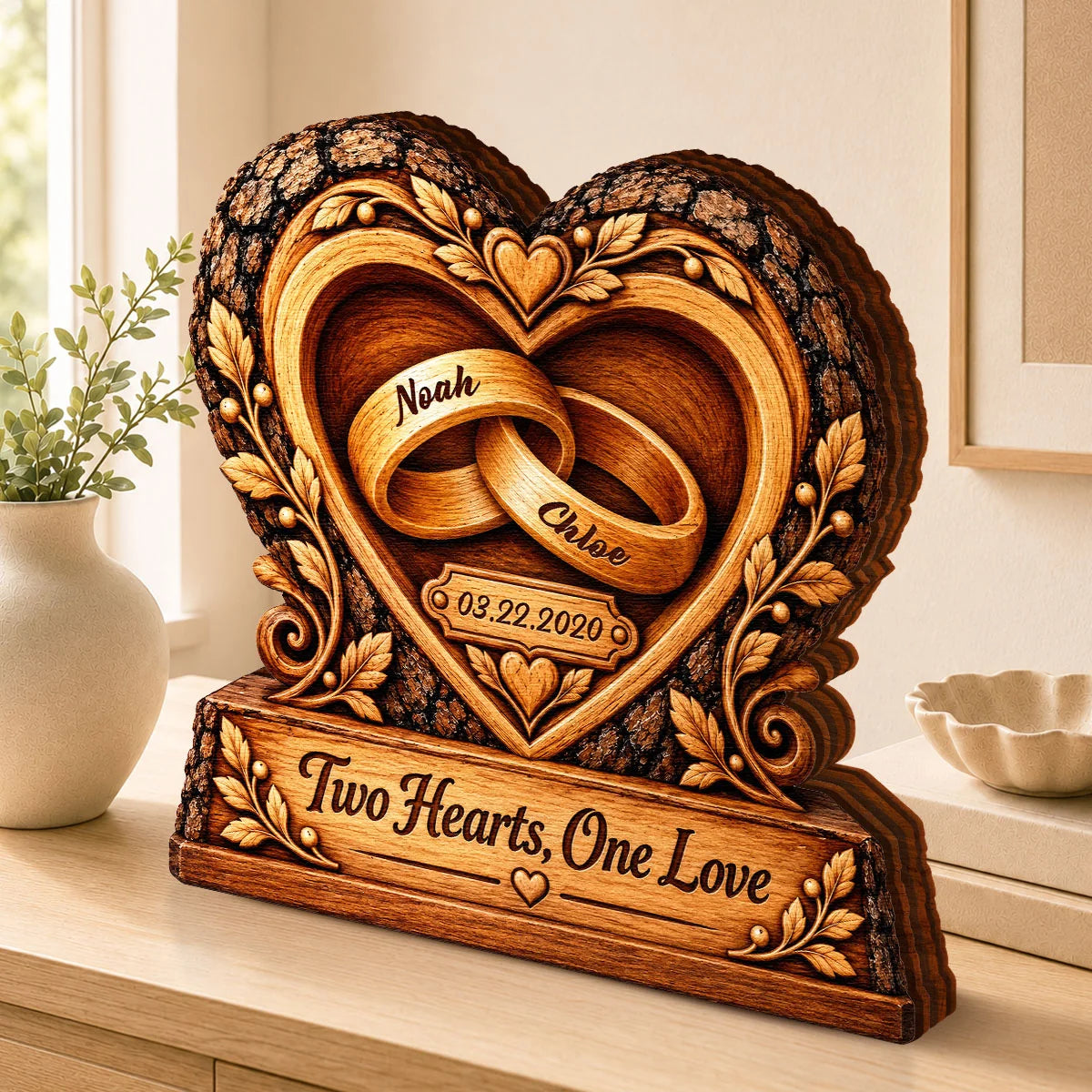 Two Hearts One Love Rings Personalized Wooden Block - Anniversary Gift for Couples