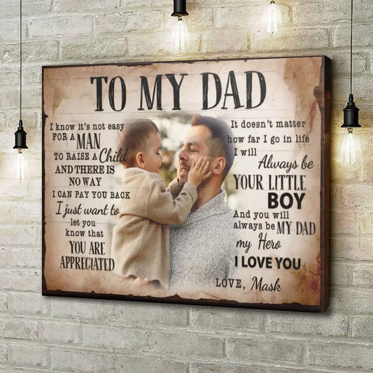 Personalized dad canvas print featuring custom photos, names, and a heartfelt message for Father's Day wall art.