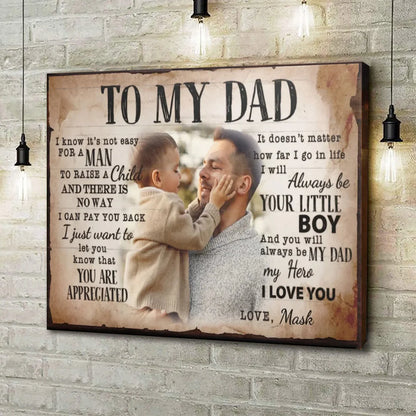 Personalized dad canvas print featuring custom photos, names, and a heartfelt message for Father's Day wall art.